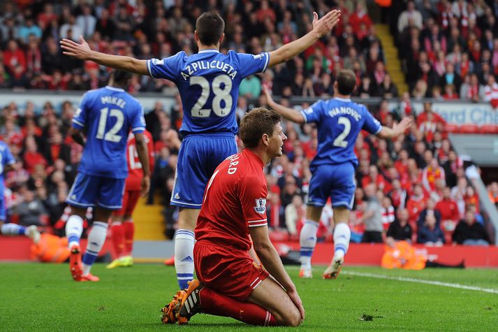 Steven Gerrard komst aldrei nær því að vinna titilinn en vorið 2014. Þá rann hann á hausinn og gaf Chelsea mark í tapi á Anfield. Tapið kostaði Liverpool titilinn.