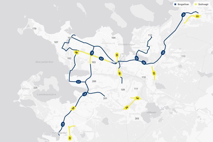 Svona lítur kortið út á Verksjánni en stofnvegir eru merktir gulir á meðan Borgarlínan er dökkblá.