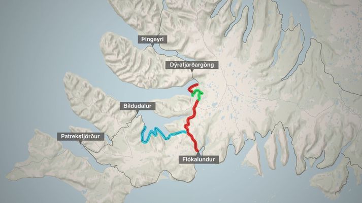 Rauða línan táknar þá kafla sem búið er að endurbyggja. Grænan línan sýnir þann verkhluta sem núna er að hefjast. Bláa línan táknar lokaáfangann.