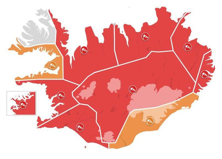 Rauðar viðvaranir verða í gildi á stærstum hluta landsins frá klukkan 10 og til 13.