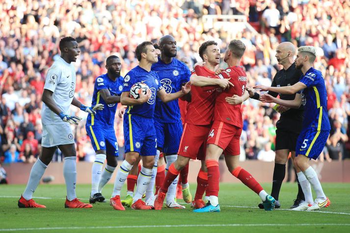 Það var hiti í mönnum í leik Chelsea og Liverpool á laugardaginn.