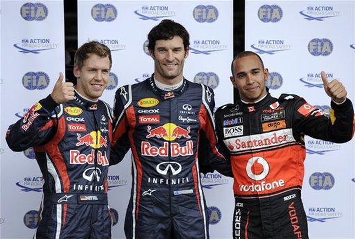 Sebastian Vettel, Mark Webber og Lewis Hamilton eftir tímatökuna í dag.