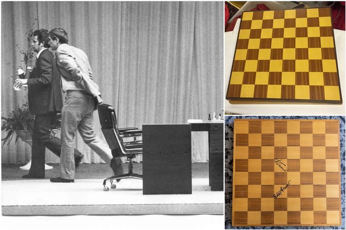 Bobby Fischer og Boris Spasskí ganga frá sviði Laugardalshallar árið 1972. Til hliðar má sjá tvö skákborð. Það efra er nánast örugglega það borð sem þeir tefldu 3. skákina á og svo skákir 7-21. Hin myndin er af borði Siegels.