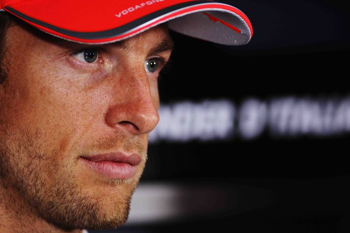 Jenson Button á blaðamannafundi í Monza í dag.