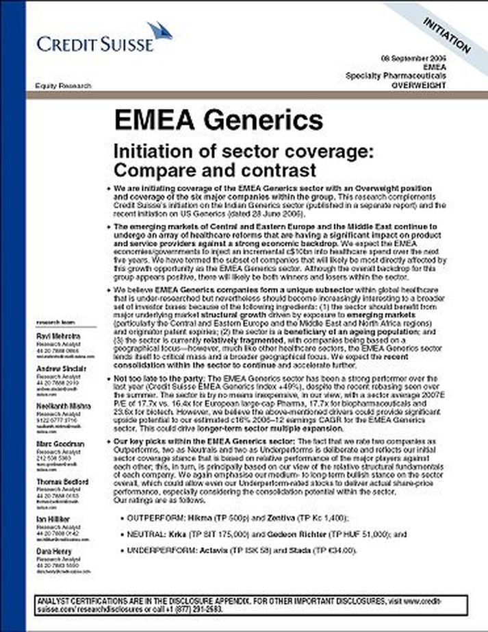 Forsíða skýrslu credit Suisse. Í glænýrri skýrslu sem dreift var á markaðsaðila í gær fjallar Credit Suisse um samheitalyfjafyrirtækin Hikma, Zentiva, Krka, Gedeon Richter, Actavis og Stada.