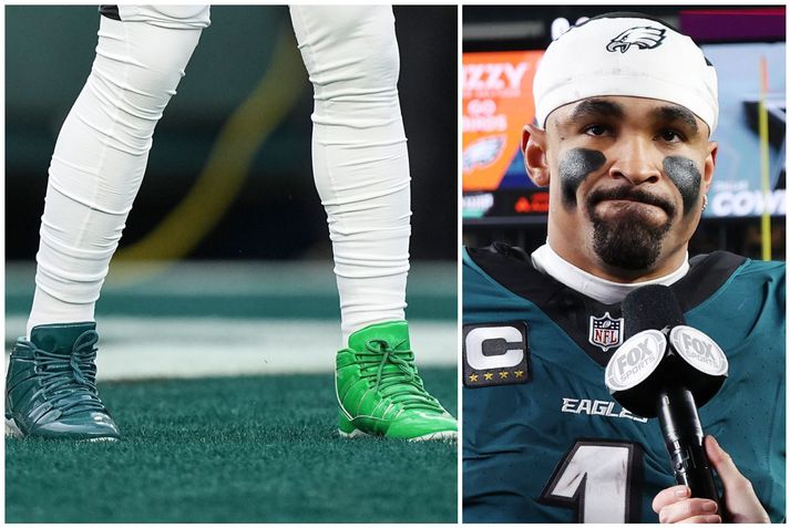 Jalen Hurts, leikstjórnandi Philadelphia Eagles, missti næstum því átta hundruð þúsund íslenskar krónur vegna þessa uppátækis. Hann mátti ekki vera í sitthvorum skónum.