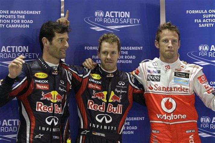 Mark Webber, Sebastian Vettel og Jenson Button fagna árangrinum í tímatökunni í dag.