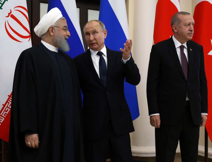 Hassan Rouhani, forseti Íran, Vladimir Putin, forseti Rússlands og Racep Tayyip Erdogan, forseti Tyrklands.