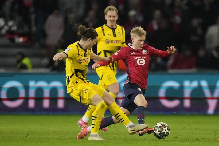 Hákon Arnar Haraldsson á ferðinni gegn Dortmund í vikunni, þegar Evrópuævintýri Lille lauk með 2-1 tapi.