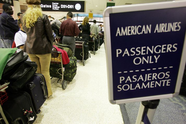 Við eitt af innritunarborðum American Airlines í Bandaríkjunum.