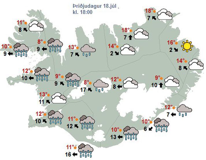 Eins og sjá má á þessu veðurkorti er spáð mikilli rigningu sunnan-og vestanlands á morgun.