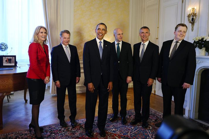 Helle Thorning-Schmidt, forsætisráðherra Danmerkur, Sauli Niinisto, forseti Finnlands, Barack Obama, Fredrik Reinfeldt, þáverandi forsætisráðherra Svíþjóðar, Jens Stoltenberg, þáverandi forsætisráðherra Noregs og Sigmundur Davíð Gunnlaugsson.