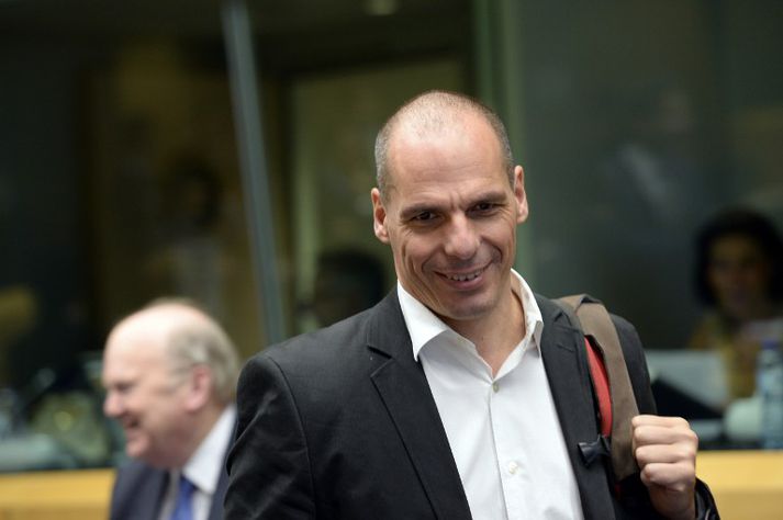 Yanis Varoufakis, fjármálaráðherra Grikklands, mætir til fundar í Brussel fyrr í dag.