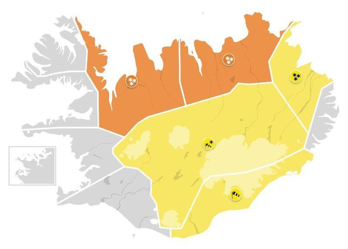 Appelsínugular og gular viðvaranir eru í gildi á landinu.