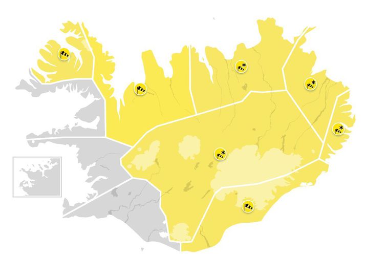 Mynd af vef Veðurstofunnar sem sýnir viðvaranir dagsins.