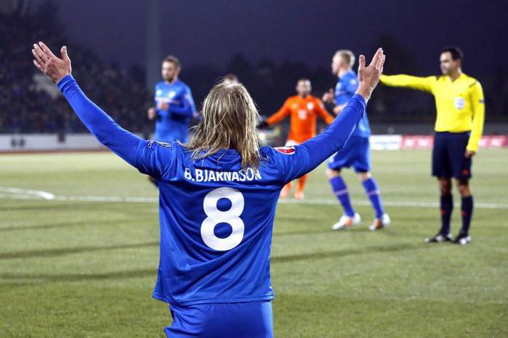 Birkir Bjarnason er hér búinn að fiska vítið á móti Hollandi.