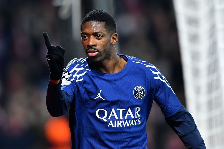 Ousmane Dembele fagnar öðru marka sinna fyrir Paris Saint-Germain í Meistaradeildinni í kvöld.