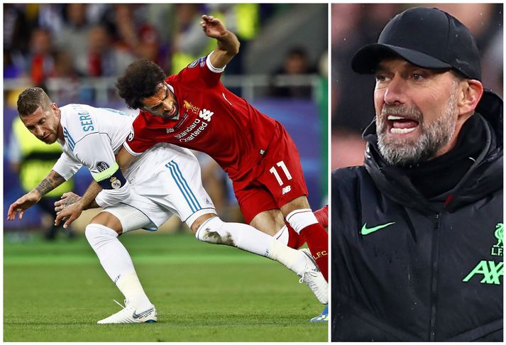 Sergio Ramos sést hér snúa niður Mohamed Salah í úrslitaleiknum 2018 en Jürgen Klopp er enn ósáttur við hann.