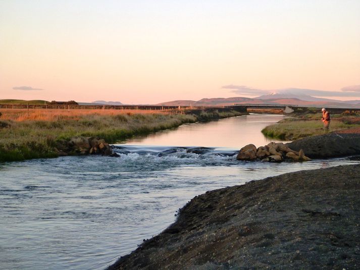 Veiðimaður kastar flugu á veiðistað númer 5 í Affallinu.