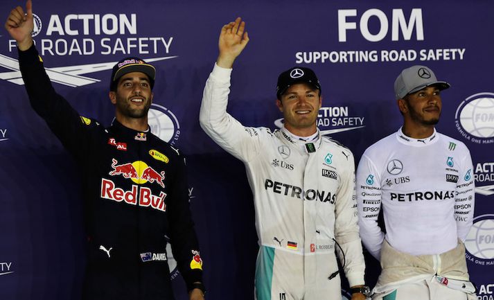 Þrír hröðustu menn dagsins. Ricciardo, Rosberg og Hamilton.