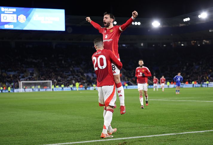 Bruno Fernandes skoraði eitt og lagði upp tvö fyrir Manchester United í kvöld.