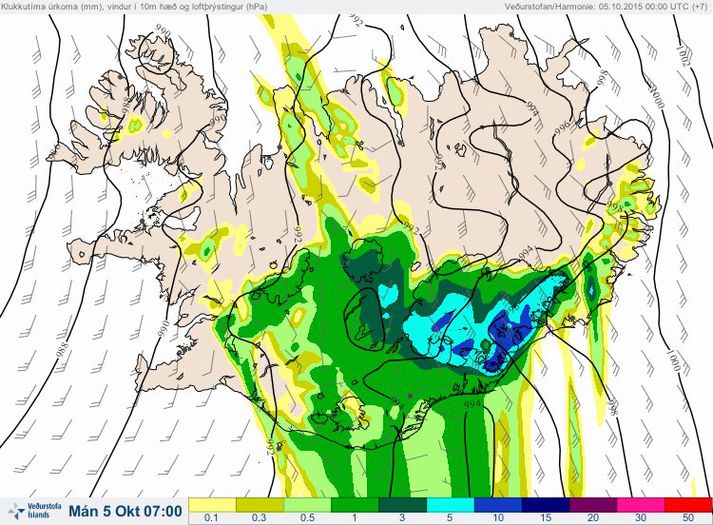 Áfram spáð mikilli rigningu suðaustanlands fram á morgundaginn. Hér er úrkomuspákort Veðurstofunnar.