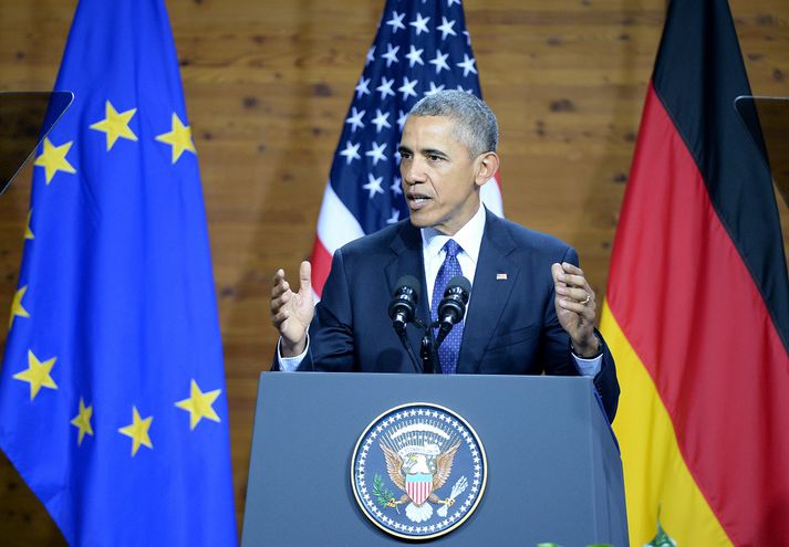 Barack Obama í Hannover í morgun.