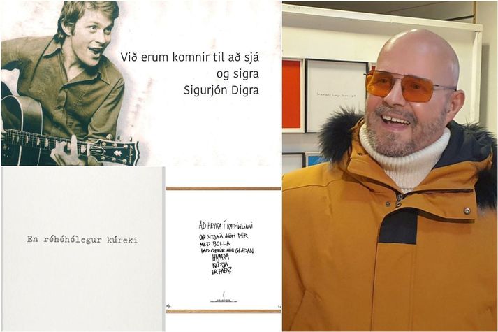 Bubbi kampakátur. Um fimm ár eru frá því að honum datt í hug að setja textabrot á pappír, ramma inn og selja. Verkin hafa rokið út og eru uppseld. Nú vilja fleiri kasta flugu sinni í þann hyl.