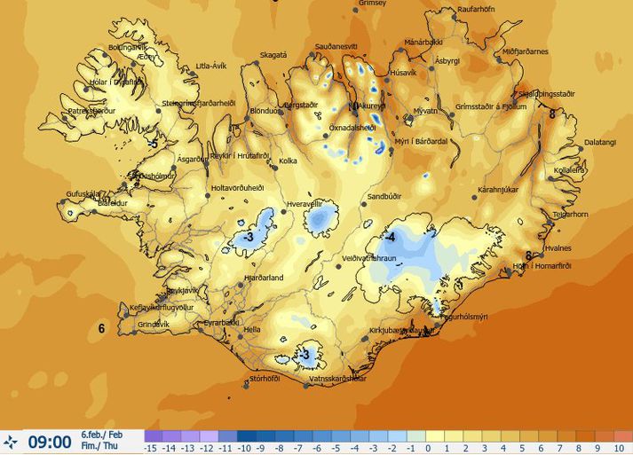 Hitakort morgundagsins frá Veðurstofu Íslands.