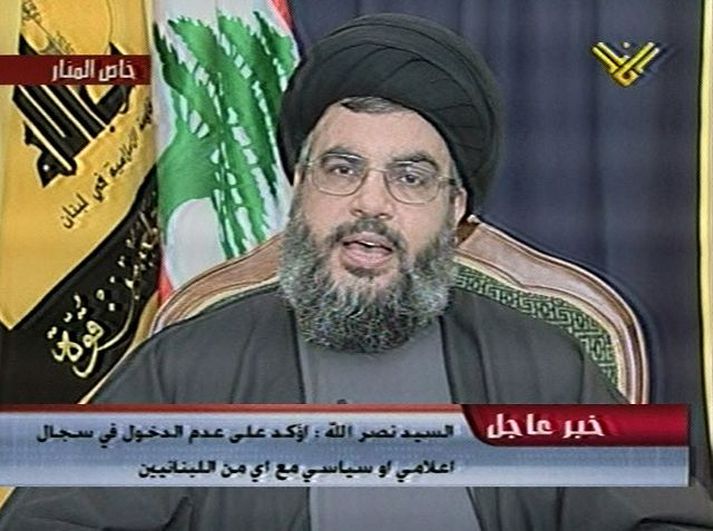 Sjeik Hassan Nasrallah Hizbollah-leiðtoginn sem flutti ræðu í sjónvarpi í gær.