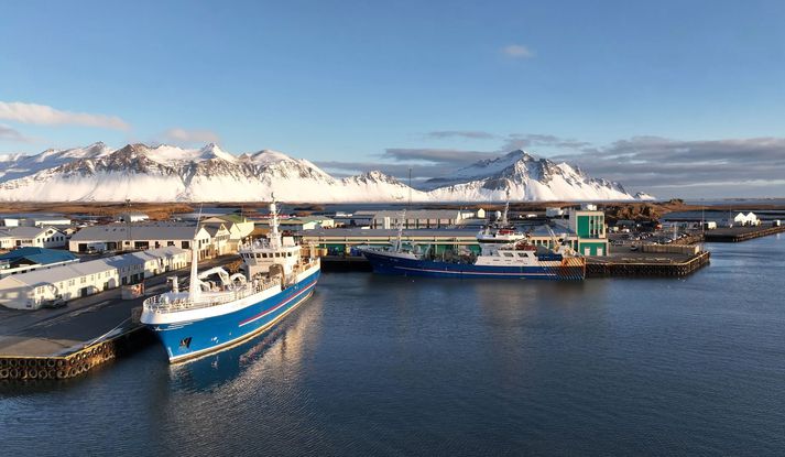 Loðnuveiðiskipin Jóna Eðvalds og Ásgrímur Halldórsson við bryggju á Hornafirði í dag. Vinnsluhús Skinneyjar Þinganess fyrir aftan.